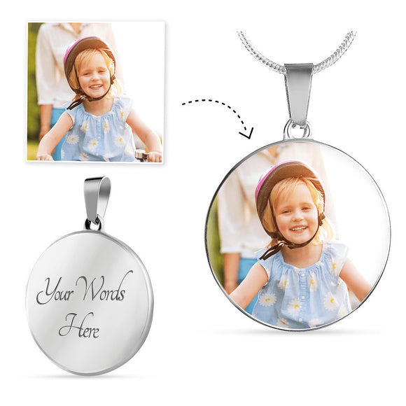 Round Luxury Pendent Necklace - Personally Engraved - With Your Photo - High Quality Stainless Steel or 18K Gold Finish - Shatterproof Liquid Glass Coating