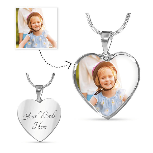 Heart Shaped Luxury Necklace - Personally Engraved - Add Your Photo - High Quality Stainless Steel or 18K Gold Finish - Shatterproof Liquid Glass Coating