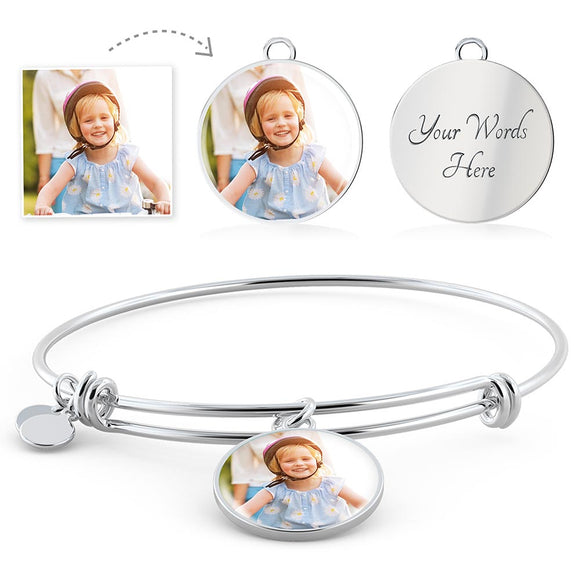 Adjustable Circle Bangle - Personally Engraved - Add Your Photo - High Quality Stainless Steel or 18K Gold Finish - Shatterproof Liquid Glass Coating